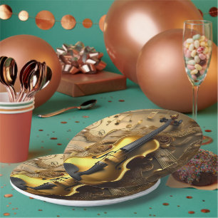 Assiettes En Carton Violon Or vintage Sur Cordes Musicales D'Or,