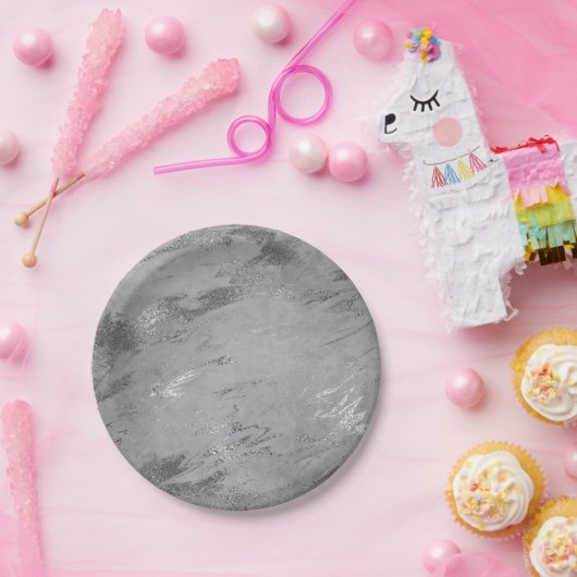 Assiettes En Carton Vip Abstrait gris Graphite Silver Marble Party (Fête)