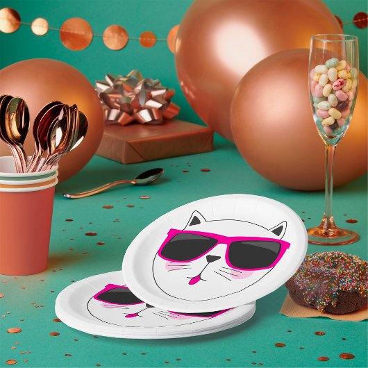 Assiettes En Carton Visage de chat cool avec lunettes de soleil roses