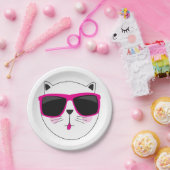 Assiettes En Carton Visage de chat cool avec lunettes de soleil roses  (Fête)