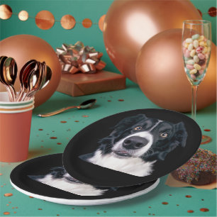 Assiettes En Carton Visage de chien noir et blanc