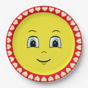 Assiettes En Carton Visage de soleil heureux d'anniversaire & coeurs