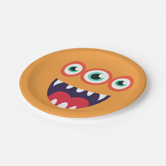 Assiettes En Carton Visage orange de monstre (Angle)