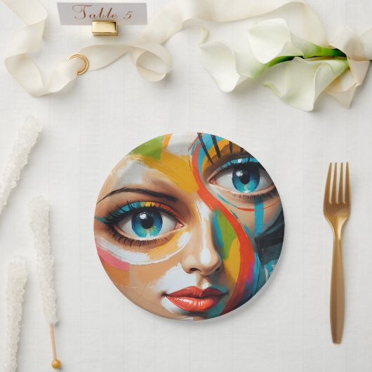 Assiettes En Carton Visage peint couleur Abstraite (Mariage)
