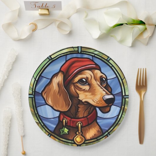 Assiettes En Carton Vitrail de Noël Teckel (Mariage)