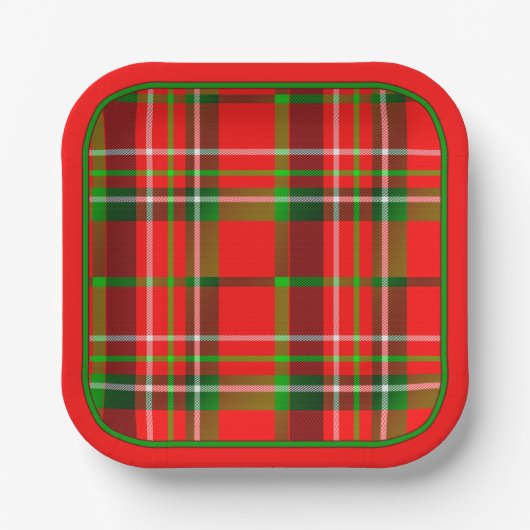 Assiettes En Carton Vive de Noël Rouge Vert Motif Tartan géométrique (Recto)
