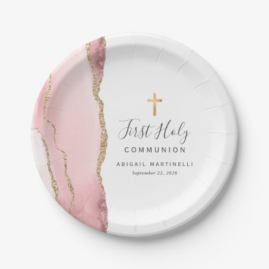 Assiettes En Carton Vive rose Agate Or Parties scintillant première sa (Devant)