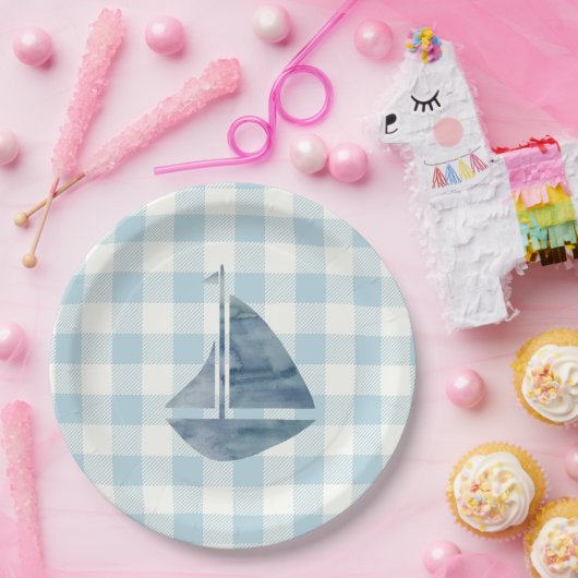 Assiettes En Carton Voilier Bleu Nautique En vichy Vérificateur Motif (Fête)