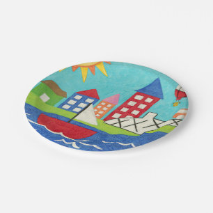 Assiettes En Carton Voilier et ballon à air chaud avec le paysage