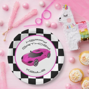 Assiettes En Carton Voiture de course rose Fête d'anniversaire perso