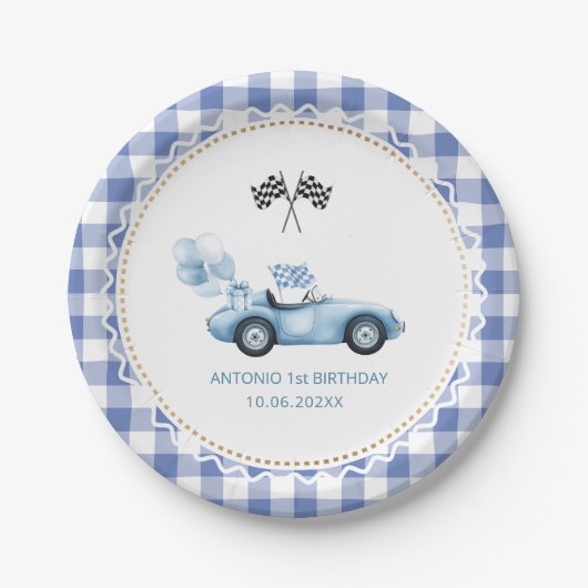 Assiettes En Carton Voiture de course Watercolor 1er anniversaire (Devant)
