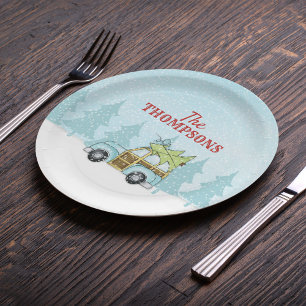 Assiettes En Carton Voiture de Noël Aquarelle Moderne Rustique Nostalg
