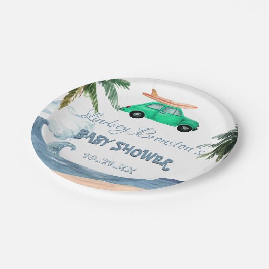 Assiettes En Carton Voiture de surf Cocout Tree Blue Beach Baby shower (Angle)