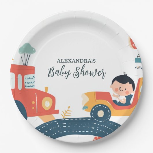 Assiettes En Carton Voitures de divertissement Baby shower garçon (Devant)
