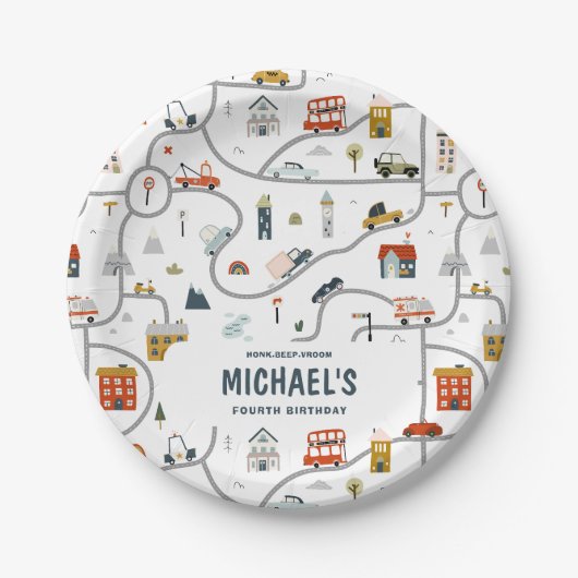 Assiettes En Carton Voitures de ville personnalisées Anniversaire (Devant)