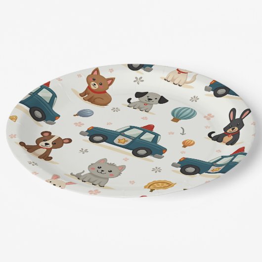 Assiettes En Carton Voitures et animaux de police mignons (Angle)