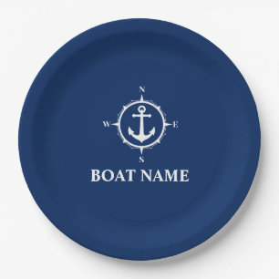 Assiettes En Carton Votre nom de bateau Compass Ancre Navy Blue 9"