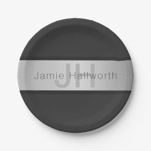 Assiettes En Carton Votre nom et votre monogramme Gris & Faux Silver