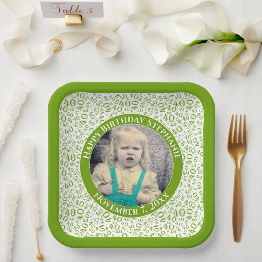 Assiettes En Carton Votre photo 40 Random Number Motif Vert/Blanc (Mariage)