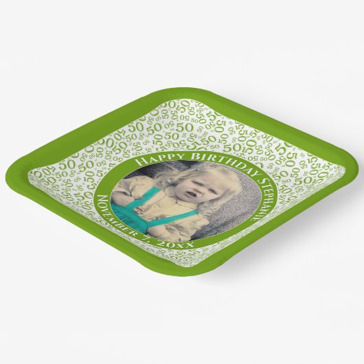 Assiettes En Carton Votre photo 50 Random Number Motif Vert/Blanc (Angulaire)