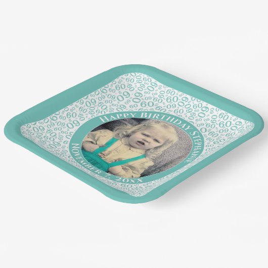 Assiettes En Carton Votre photo 60 nombre aléatoire Motif Turquoise/bl (Angulaire)