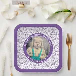 Assiettes En Carton Votre photo 75 Motif au hasard violet/blanc