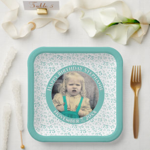 Assiettes En Carton Votre photo 75 Motif de nombre aléatoire Turquoise