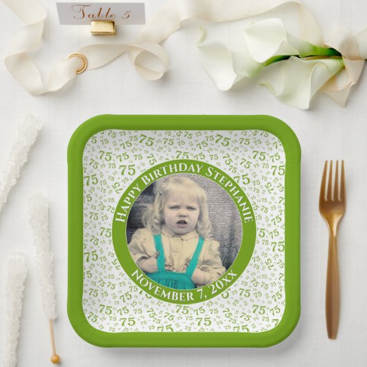 Assiettes En Carton Votre photo 75 Random Number Motif Vert/Blanc (Mariage)