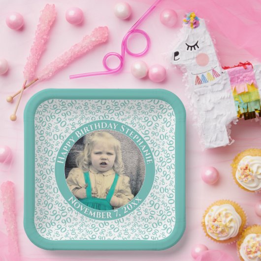 Assiettes En Carton Votre photo 90 Numéro aléatoire Motif Turquoise/bl (Fête)