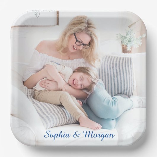 Assiettes En Carton Votre photo et nom(s) en Script bleu (Recto)