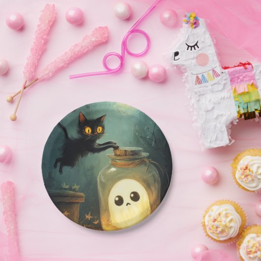Assiettes En Carton Vous avez - Chat d'Halloween et fantôme (Fête)