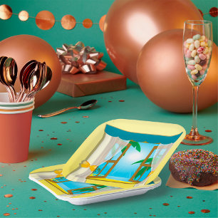 Assiettes En Carton Vue de la plage ensoleillée à travers une fenêtre