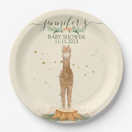 Assiettes En Carton Watercolor Alpaca Baby Shower Animal (Devant)