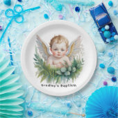 Assiettes En Carton Watercolor Baby Angel with Greenery Baptism (Fête)