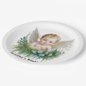 Assiettes En Carton Watercolor Baby Angel with Greenery Baptism (Angle)