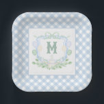 Assiettes En Carton Watercolor Blue 1st Birthday Monogram Crest Party<br><div class="desc">PreppyPrint.com - Celebrate your little one’s milestone in the sweetest way with this watercolor 1st Birthday monogram crest collection. Crisp crest detailing meets soft blue watercolor washes for a look that feels straight out of a classic garden party. Please visit my designer store,  PreppyPrint.com,  for coordinating items.</div>
