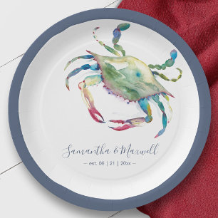 Assiettes En Carton Watercolor Blue Crab Beach Wedding