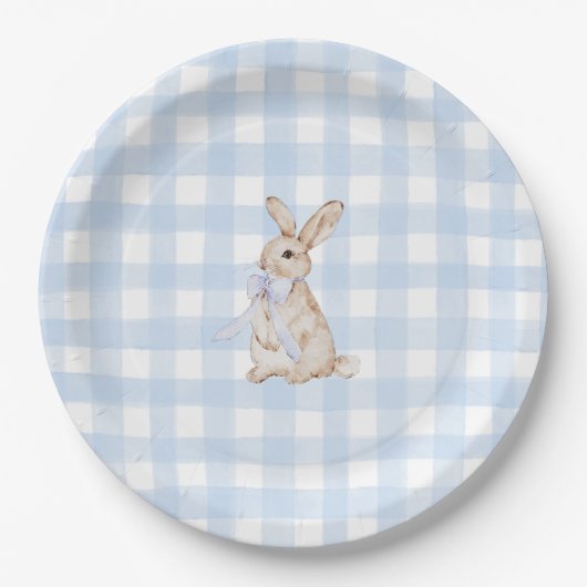 Assiettes En Carton Watercolor Blue Gingham Bunny (Devant)