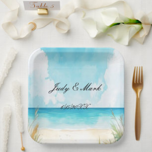 Assiettes En Carton Watercolor Blue Ocean Beach Wedding
