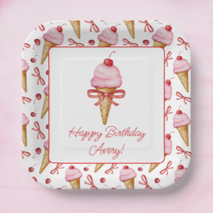 Assiettes En Carton Watercolor Bow Pink Ice Cree Cone Party