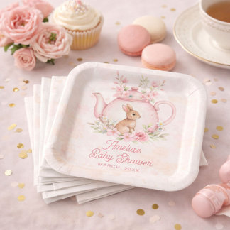 Assiettes En Carton Watercolor Bunny Rabbit Tea Pot Floral Baby Shower