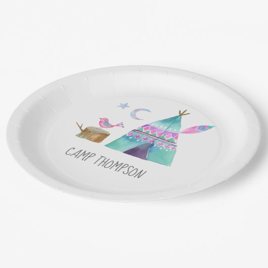 Assiettes En Carton Watercolor Camping fête d'anniversaire (Angle)