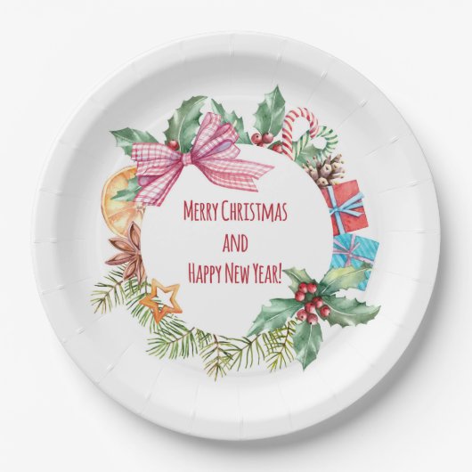 Assiettes En Carton Watercolor Christmas Floral Wreath | Vacances (Devant)