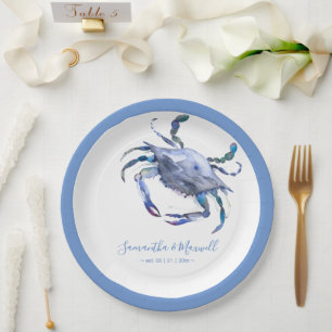 Assiettes En Carton Watercolor Crab Dusty Blue Beach Wedding