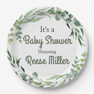 Assiettes En Carton Watercolor Eucalyptus Green Baby shower Party