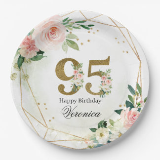 Assiettes En Carton Watercolor Floral & Gold 95th Birthday Custom