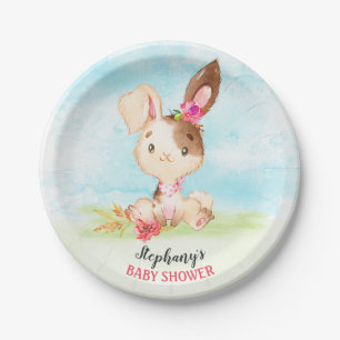 Assiettes En Carton Watercolor Girl Bunny Baby shower ferme