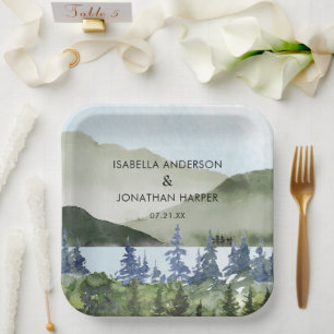 Assiettes En Carton Watercolor Green Forest Mountain Mariage extérieur