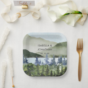 Assiettes En Carton Watercolor Green Forest Mountain Mariage extérieur