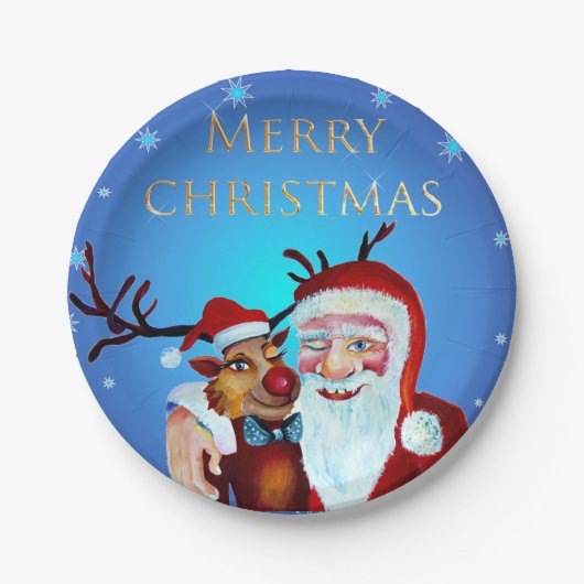 Assiettes En Carton Watercolor Magical Santa Claus Smiling Rudolph (Devant)